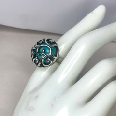 BARSE Turquoise Cabochon Sterling Silver Scroll Cage Ring Sz 7-1/2 VINTAGE