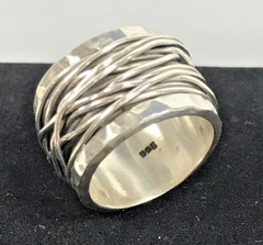 Sterling Silver .925 Ring Hammered Wide Band Wire Wrapped Artisan Hand Crafted