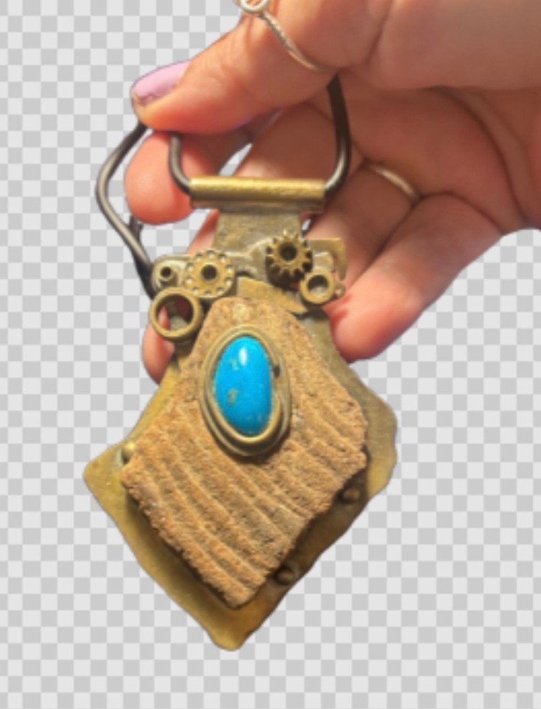 Marv Dahmen steampunk brass turquoise palm sized pendant