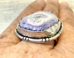 Vintage Artisan Purple Solar Quartz Druzy Slice Statement Ring Silver Tone