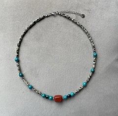 DALMATIAN RED TURQUOISE JASPER Unisex Necklace 17.25” Stainless Rondelle
