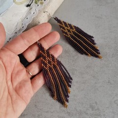 Matte purple beaded earrings Seed bead fringe earrings Long dangle earrings