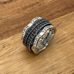 Sterling Silver Ana Bekoach Spinner Ring Hebrew Prayer Black Zircon Fidget Band