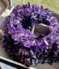 Lot of 2 Natural Amethyst Stone Chip Long Necklace & Wire Wrap Bracelet In Box!