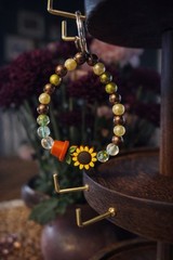 Beaded Charm Keychain Sunflower Dangle Adjustable Glass Plastic Multicolor