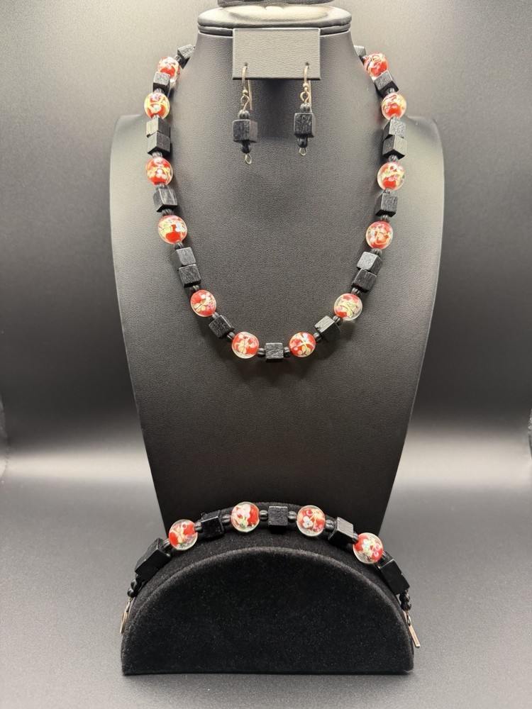 Artisan Handcrafted 925 Glass and Wooden Beads Necklace Bracelet Earrings Set-