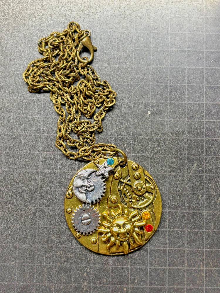 Vintage ARTISAN Steampunk WATCH Celestial SUN MOON Watch Gears PENDANT NECKLACE