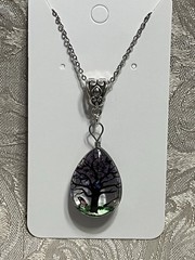 Pendant Nature Flower Tree Lacework Glass Two Sided Silver 18” Boho Necklace