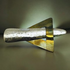 Modernist Brass Silver Brooch Abstract Artisan Space Atomic 1970-1980s