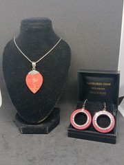 Vintage Sterling Silver 925 Red Sponge Coral Pendant Necklace Hoop Earrings Set