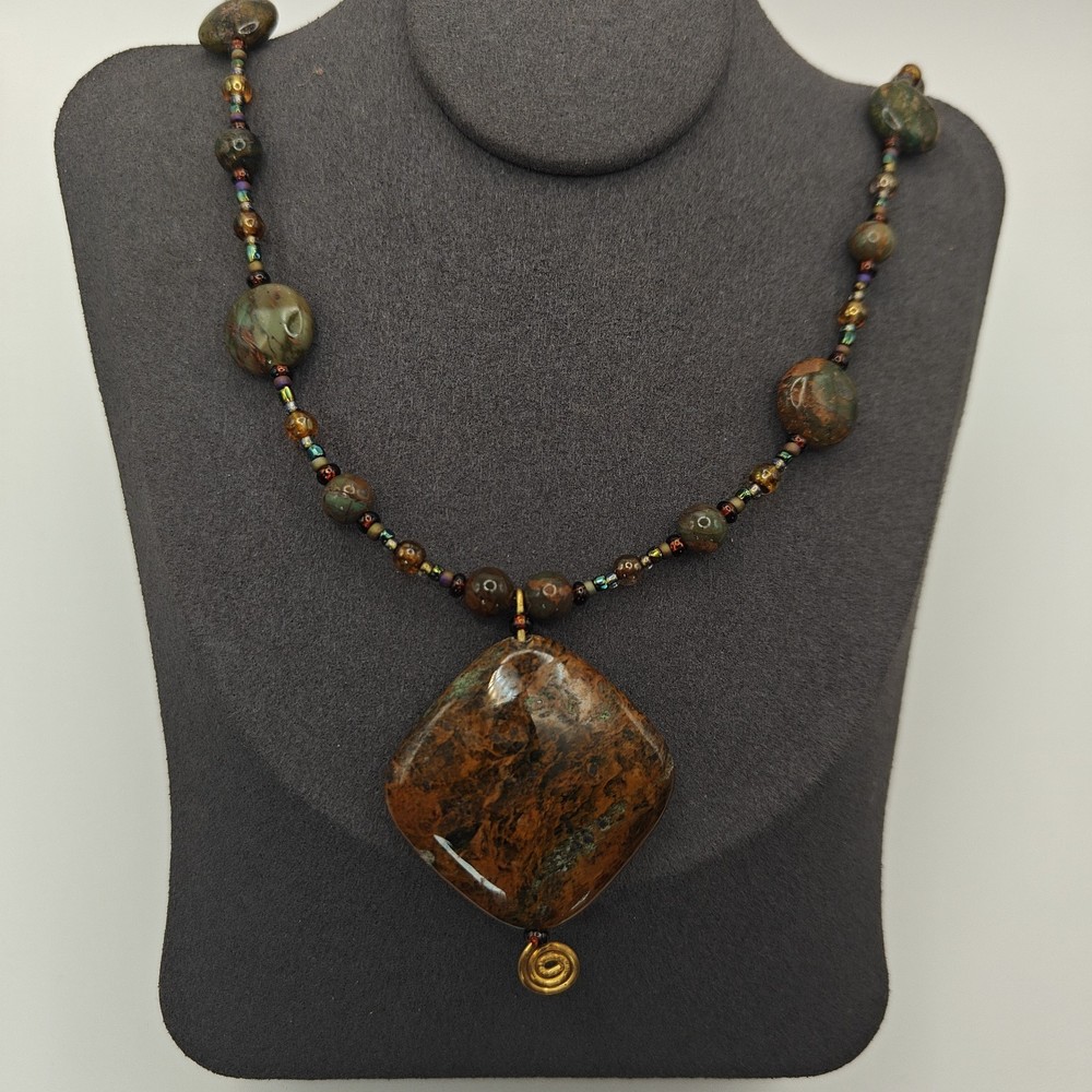 Artisan 18″ Green Opal Necklace Beaded Pendant Brown Green