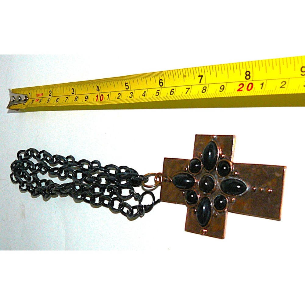 Vintage 3″ Copper Cross Pendant Black Accents 23″ Chain Artisan Brutalist Boho