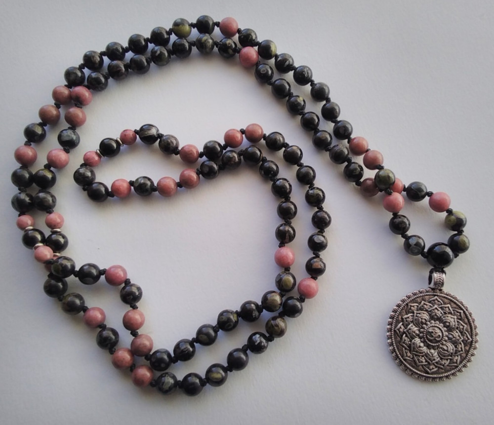 Mala 108 Beads, Flower Obsidian, Rhodonite & Onyx Hand knotted Mala Necklace