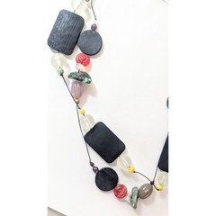Artisan Colorful Art Glass & Black Wood Double Strand Cord Bohemian Necklace