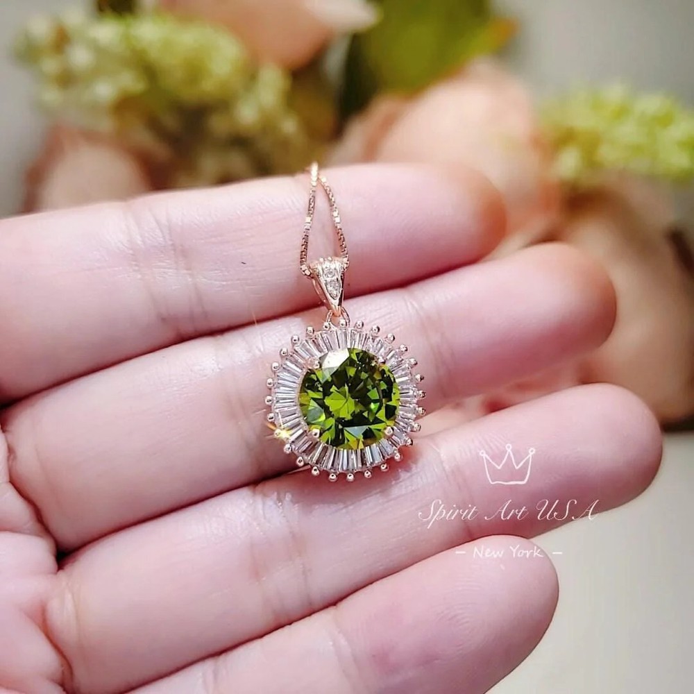 Rose Gold Peridot Necklace Sterling Silver Round Sunshine Large 4 CT Lab Green