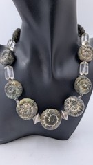 Vtg Ammonite Fossil Sterling & Cylindrical Clear Quartz Bead Choker Necklace 15′