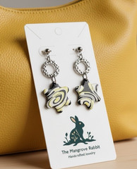 Yellow Black White Swirl Flower Handmade Polymer Clay Dangle Earrings SS Posts