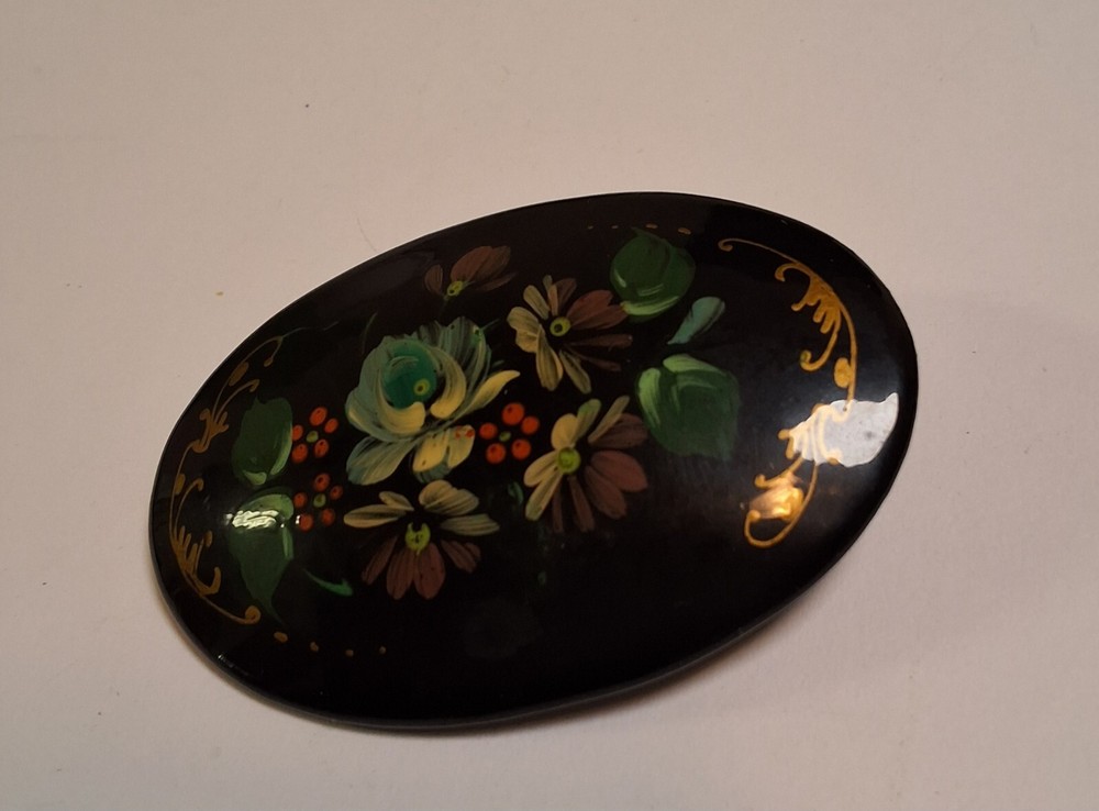 Russian Lacquer Brooch Hand Painted Black Floral Multicolor Flower Gold Edge