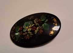 Russian Lacquer Brooch Hand Painted Black Floral Multicolor Flower Gold Edge
