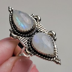 Unique Design! Pretty 2-Stone Moonstone Ring 925 Sterling Silver Size Adj. 5-10