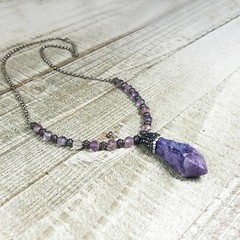 Purple Quartz Crystal with Rhinestone Bail and Faceted Phantom Quartz Beads
