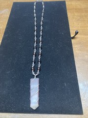 Handmade Glass Bead Necklace With Wrapped Stone, On Stretch Cord Smokey Purple