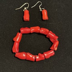 Vintage Handcrafted Chunky Red Coral Stretch Bracelet, Earrings Boho Beach Ocean