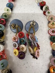Handmade Artisan Necklace Earring Set Vintage Buttons Colorful Boho 1970s OOAK