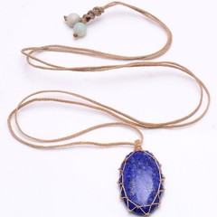 Handmade Natural Lapis Lazuli Cabochon Bohemian Macrame Necklace Healing Pendant