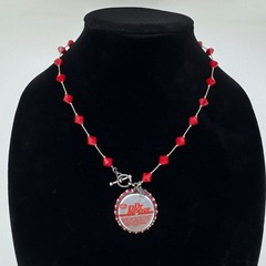 Dr Pepper Bottle Cap Necklace Sterling Silver Red Bead Rhinestone 18 Inch Toggle