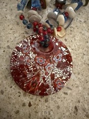 Art Glass Round Pendant Millefori Red White Blue Stones Abalone Chips Boho