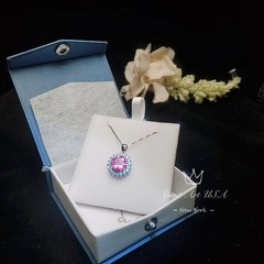 Round Pink Tourmaline Necklace – Aquamarine Halo Sunflower Style – 4 CT Pink