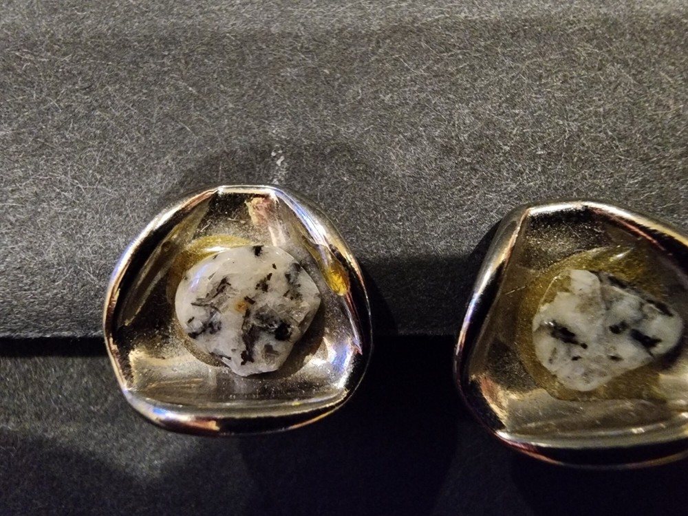 Clip On Earrings Resin Dome White Black Speckled Stone Silver Tone Handmade