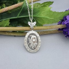 Sterling Silver Plated Flower Cubic Zirconia Photo Locket Jewelry