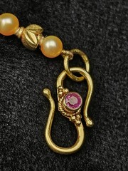 18k Gold S-Hook Clasp Necklace Preach Pearl Pink Gem Granulated Handcrafted 16″