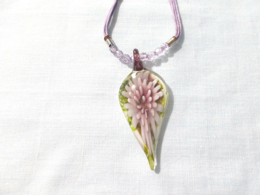 Floral Purple with Green Glass Pendant on 16″ 4 Strand Purple Cord with Crystals