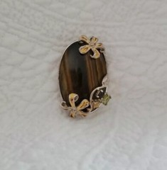 1970’s Tigers Eye Pendant in Sterling with Enamel Flowers & Gems