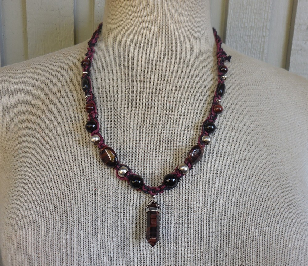 Red Tigers Eye Double Terminated Point Adjustable Hemp Necklace Onyx Stone Beads