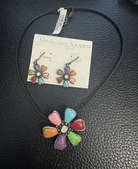 Sterling Silver Gemstone Inlay Necklace & Earring Set Retails For 200 New