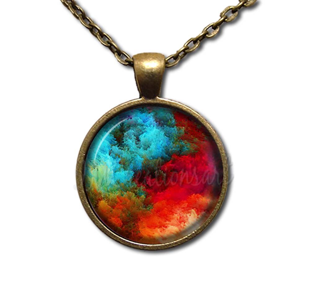 Fiery Cloud Mystic Celestial Design – Handmade ROUND Glass Pendant Necklace