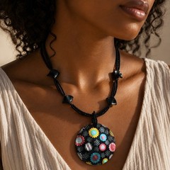 Artisan Mother of Pearl Floral Pendant Statement Necklace Black Seed Bead Boho