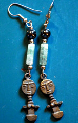 Vintage AKUABA African 3″ Bronze Drop Dangle Earrings GREEN AVENTURINE/ HEMATITE