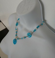 Aqua Beaded Necklace Hand Wrapped Wire Blue and White Beads Handmade Jewelry