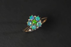 Black Opal, Tsavorite Diamond Floral Engagement Ring in 14K Gold
