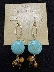 Barse Turquoise & Tiger’s Eye Dangle Earrings Gold Tone Genuine Stone Boho NWT