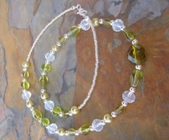Handmade Short Necklace of Olive Green and Clear Glass with Silver Metal Beads