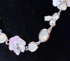 Mother of Pearl Flower, Rhinestone Choker Necklace, Silver-Tone Floral Statement
