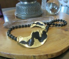 Anita Silverstein Copper Enamel pendant necklace. Black glass & gold