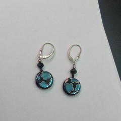 Sterling Silver Glass Dangle Earrings Blue Black Silver Tone Leverback 1.25in