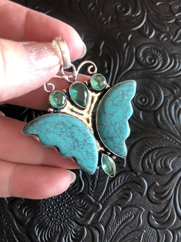 Artisan Blue Green Mosaic Garden Jasper Butterfly Hand Carved Pendant 2″